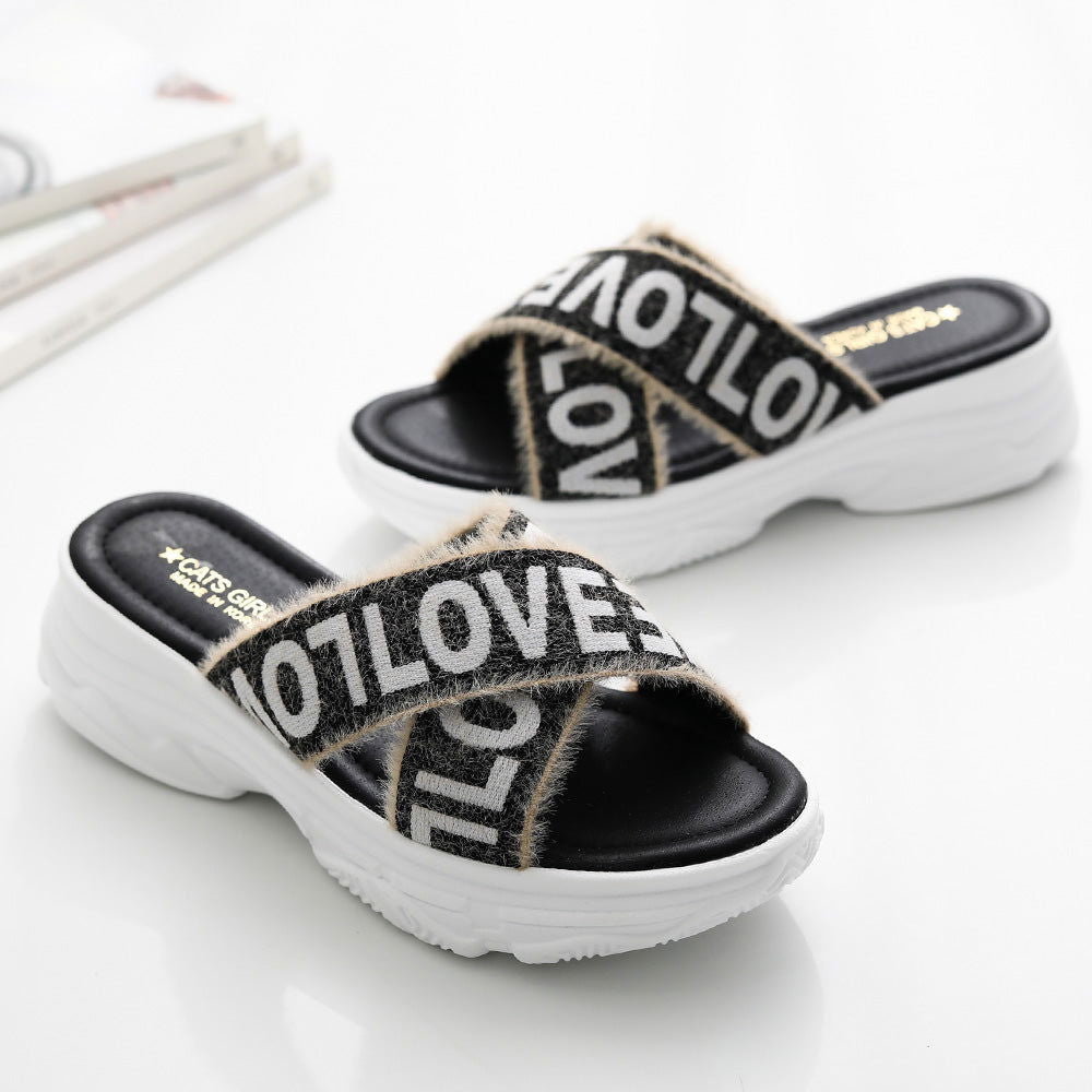 Cats Girls Fuzzy Letter Thick Heel Slippers - Miessential