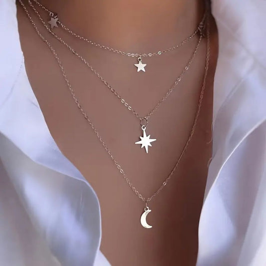 Vintage Moon & Star Shape Pendant Necklace Multilayer Chain